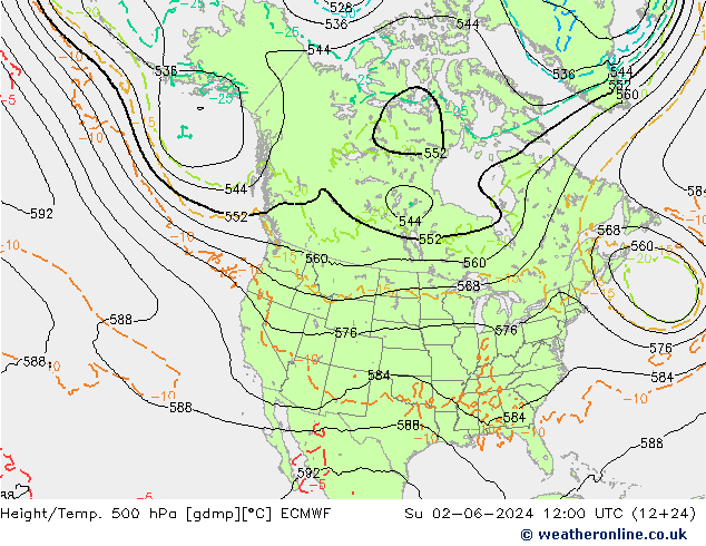 Height/Temp. 500 гПа ECMWF Вс 02.06.2024 12 UTC