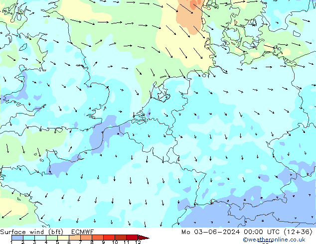 Bodenwind (bft) ECMWF Mo 03.06.2024 00 UTC