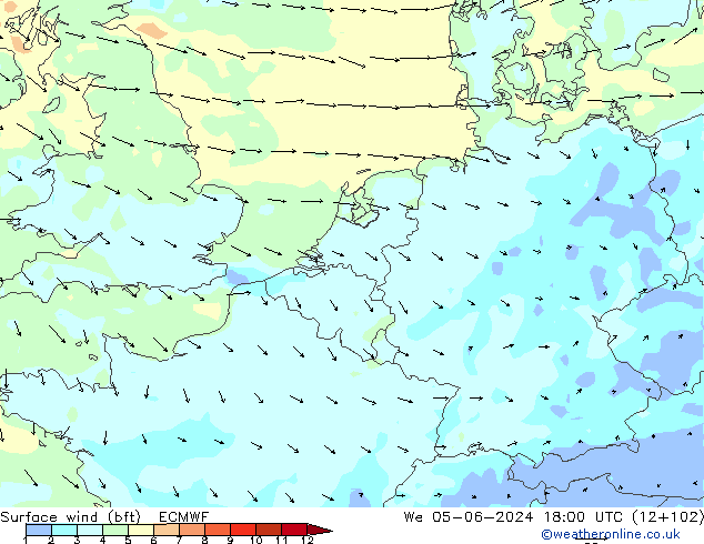 Surface wind (bft) ECMWF We 05.06.2024 18 UTC