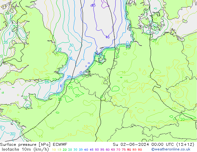 Isotachs (kph) ECMWF Su 02.06.2024 00 UTC