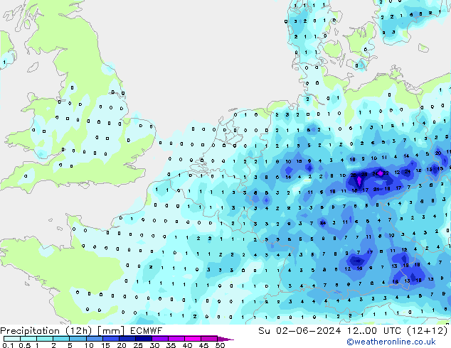 Precipitation (12h) ECMWF Su 02.06.2024 00 UTC