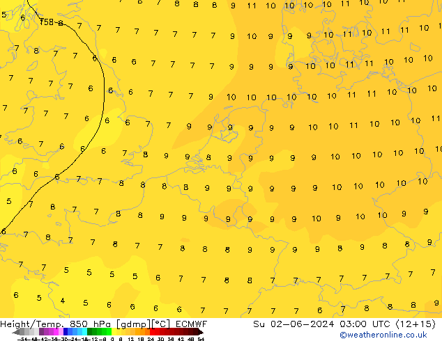 Geop./Temp. 850 hPa ECMWF dom 02.06.2024 03 UTC