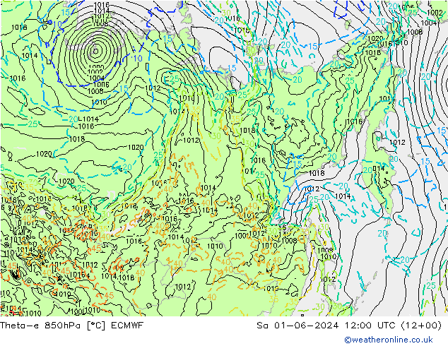 Theta-e 850hPa ECMWF Sa 01.06.2024 12 UTC