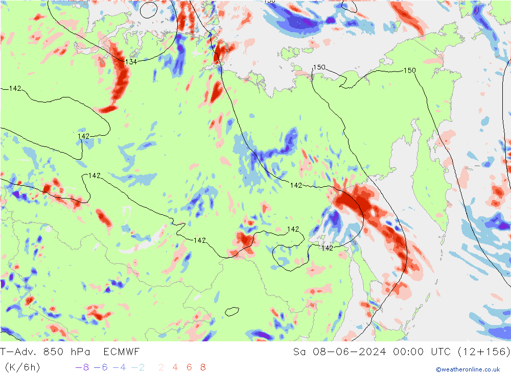 T-Adv. 850 hPa ECMWF sáb 08.06.2024 00 UTC