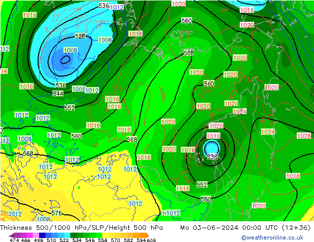 Thck 500-1000hPa ECMWF Mo 03.06.2024 00 UTC