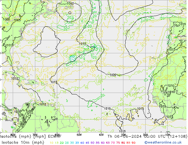Isotaca (mph) ECMWF jue 06.06.2024 00 UTC