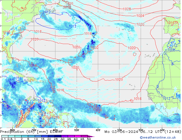Precipitation (6h) ECMWF Mo 03.06.2024 12 UTC