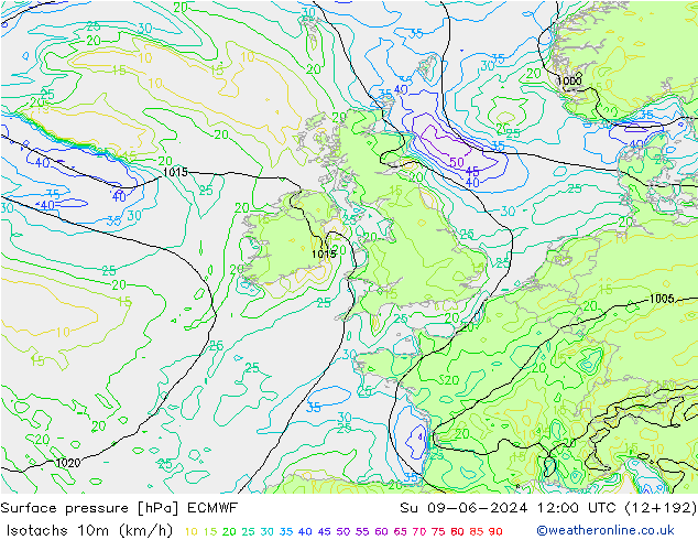 Isotachs (kph) ECMWF Su 09.06.2024 12 UTC