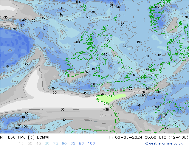 Humidité rel. 850 hPa ECMWF jeu 06.06.2024 00 UTC