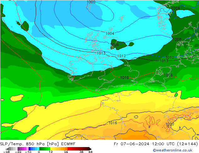 SLP/Temp. 850 hPa ECMWF pt. 07.06.2024 12 UTC