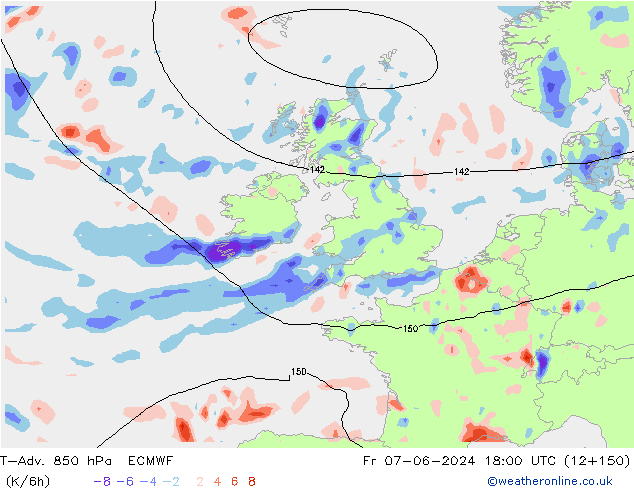 T-Adv. 850 hPa ECMWF Fr 07.06.2024 18 UTC