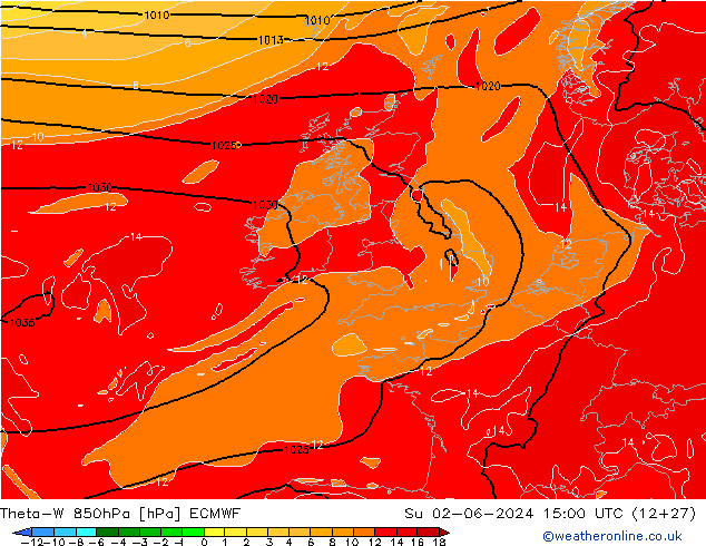 Theta-W 850гПа ECMWF Вс 02.06.2024 15 UTC