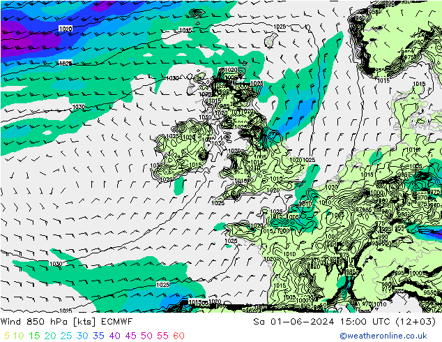 Vento 850 hPa ECMWF sab 01.06.2024 15 UTC