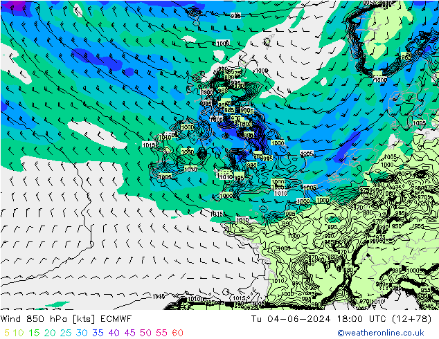 Wind 850 hPa ECMWF Tu 04.06.2024 18 UTC