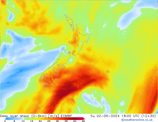 Deep layer shear (0-6km) ECMWF Paz 02.06.2024 18 UTC