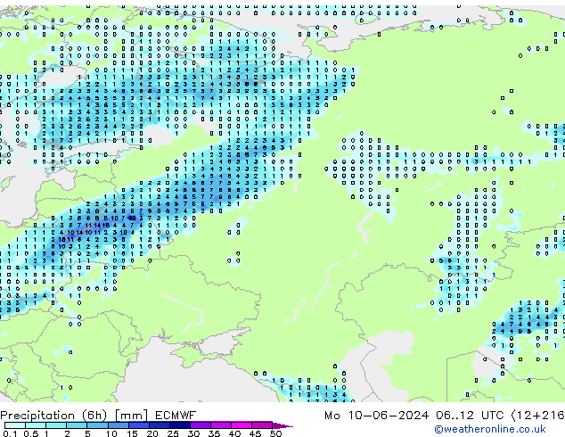 Precipitation (6h) ECMWF Mo 10.06.2024 12 UTC