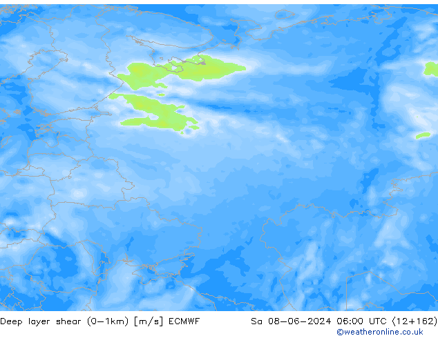 Deep layer shear (0-1km) ECMWF so. 08.06.2024 06 UTC