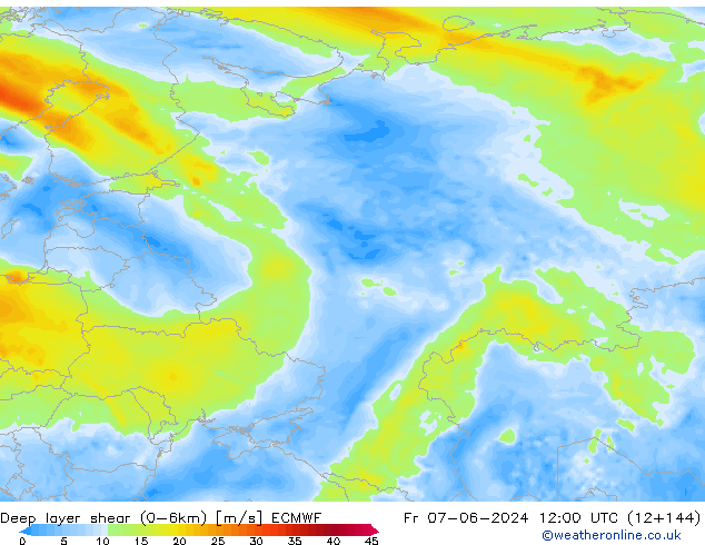 Deep layer shear (0-6km) ECMWF Fr 07.06.2024 12 UTC