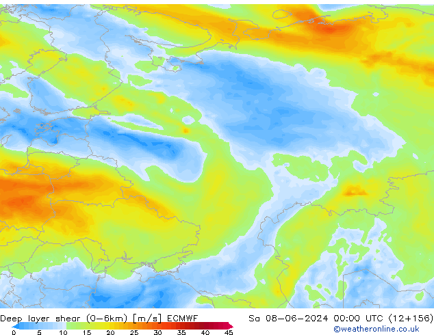 Deep layer shear (0-6km) ECMWF сб 08.06.2024 00 UTC