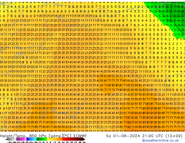 Height/Temp. 850 hPa ECMWF Sa 01.06.2024 21 UTC