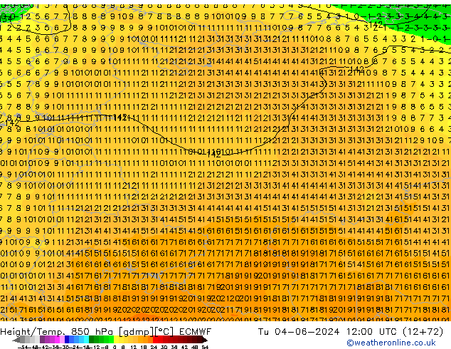 Height/Temp. 850 гПа ECMWF вт 04.06.2024 12 UTC