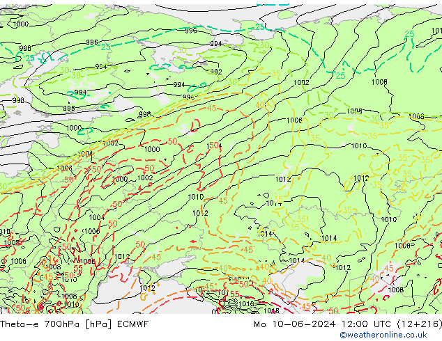 Theta-e 700hPa ECMWF Pzt 10.06.2024 12 UTC