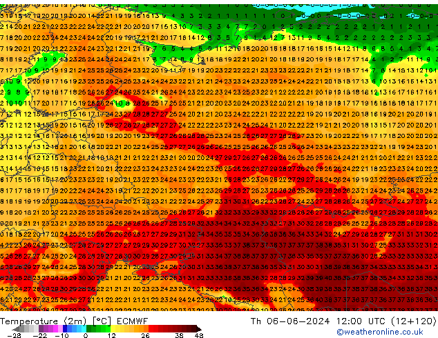 mapa temperatury (2m) ECMWF czw. 06.06.2024 12 UTC
