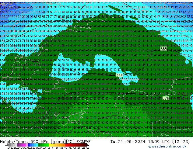 Z500/Rain (+SLP)/Z850 ECMWF вт 04.06.2024 18 UTC