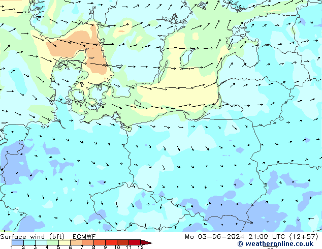 Surface wind (bft) ECMWF Po 03.06.2024 21 UTC