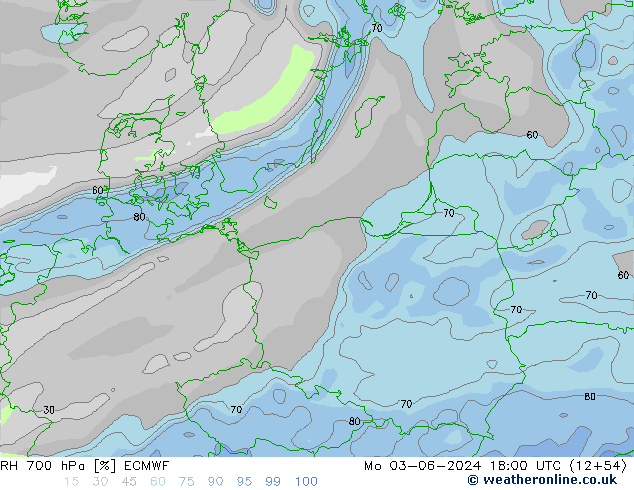 Humidité rel. 700 hPa ECMWF lun 03.06.2024 18 UTC