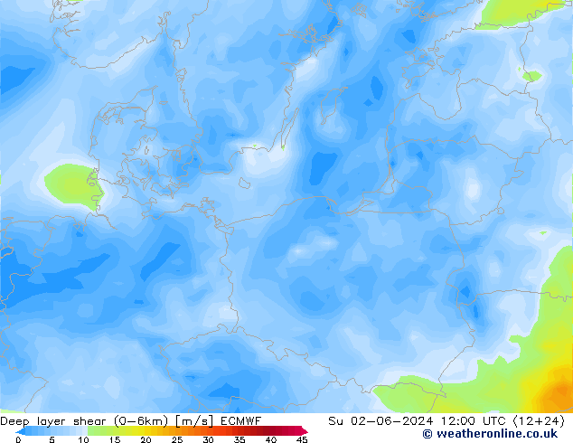 Deep layer shear (0-6km) ECMWF Su 02.06.2024 12 UTC