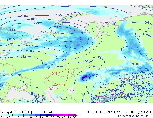 Precipitation (6h) ECMWF Út 11.06.2024 12 UTC