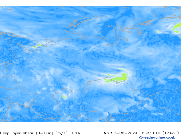 Deep layer shear (0-1km) ECMWF lun 03.06.2024 15 UTC