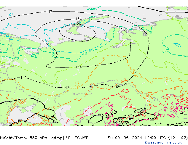 Z500/Yağmur (+YB)/Z850 ECMWF Paz 09.06.2024 12 UTC