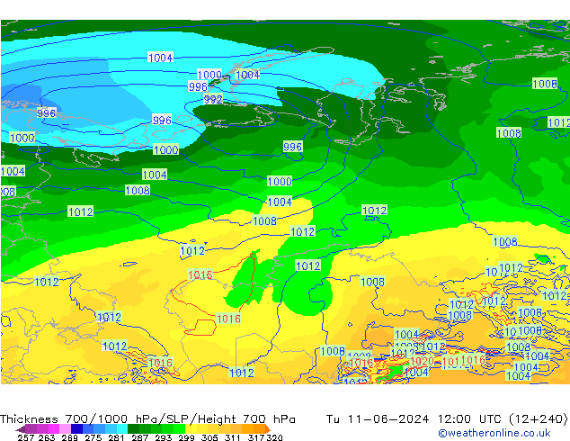 Thck 700-1000 hPa ECMWF Tu 11.06.2024 12 UTC