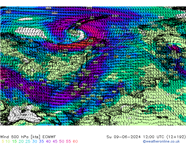 Wind 500 hPa ECMWF Ne 09.06.2024 12 UTC