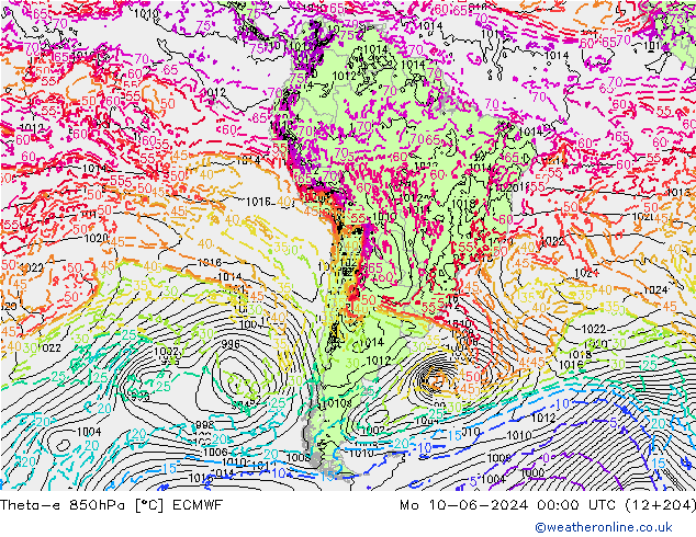 Theta-e 850hPa ECMWF Pzt 10.06.2024 00 UTC