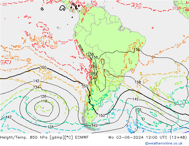 Height/Temp. 850 hPa ECMWF Po 03.06.2024 12 UTC