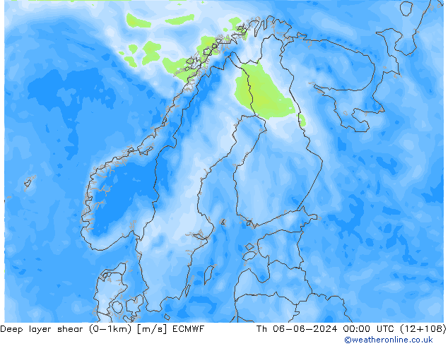 Deep layer shear (0-1km) ECMWF do 06.06.2024 00 UTC
