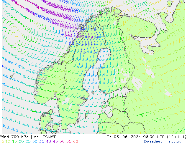 wiatr 700 hPa ECMWF czw. 06.06.2024 06 UTC