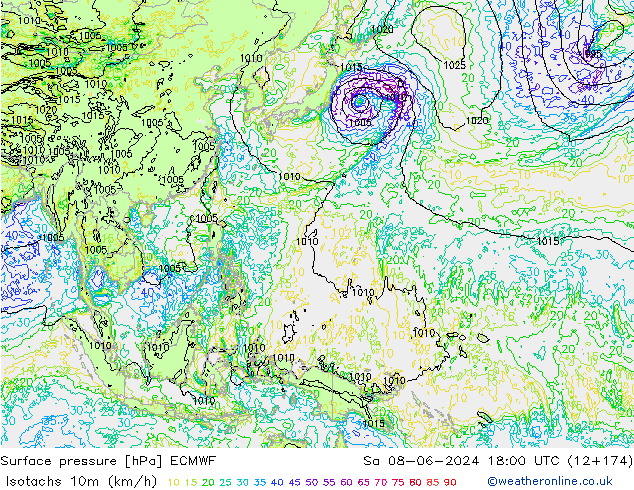 Isotachs (kph) ECMWF сб 08.06.2024 18 UTC