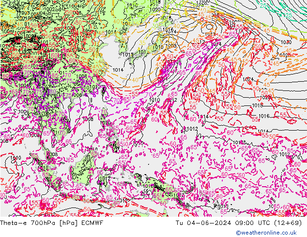 Theta-e 700hPa ECMWF Tu 04.06.2024 09 UTC