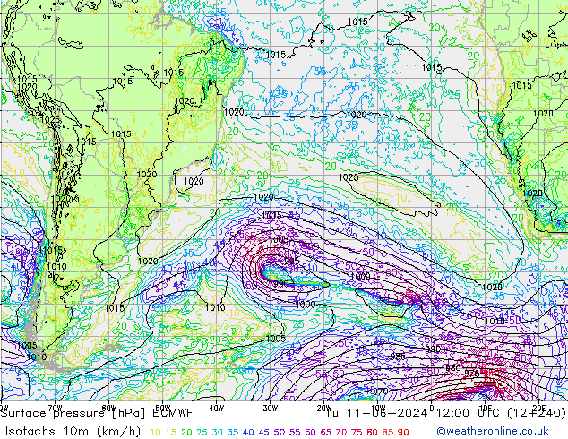 Isotachs (kph) ECMWF Tu 11.06.2024 12 UTC