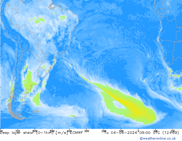 Deep layer shear (0-1km) ECMWF wto. 04.06.2024 09 UTC