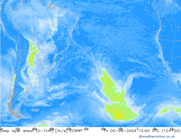 Deep layer shear (0-1km) ECMWF Th 06.06.2024 12 UTC