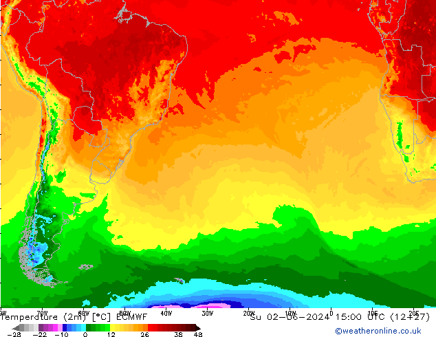 Temperature (2m) ECMWF Su 02.06.2024 15 UTC