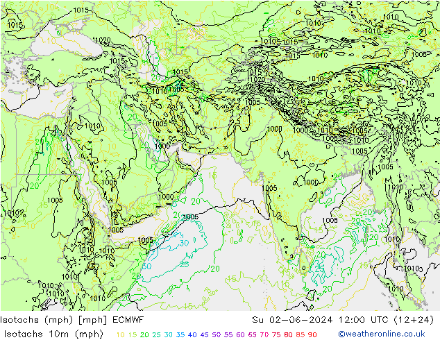 Isotachen (mph) ECMWF zo 02.06.2024 12 UTC