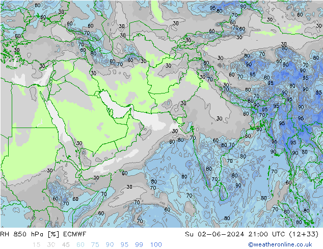 Humidité rel. 850 hPa ECMWF dim 02.06.2024 21 UTC