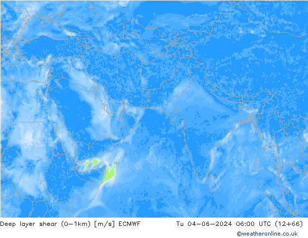 Deep layer shear (0-1km) ECMWF Tu 04.06.2024 06 UTC