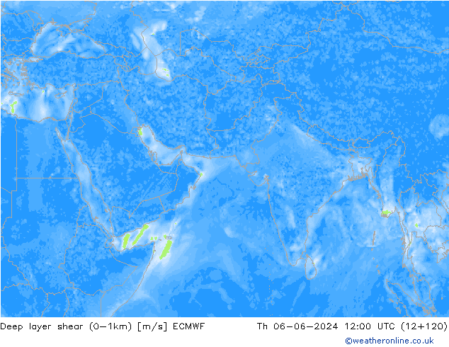 Deep layer shear (0-1km) ECMWF do 06.06.2024 12 UTC